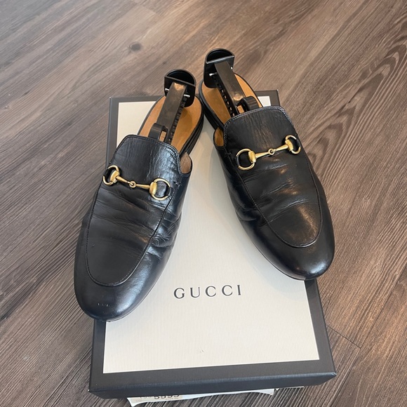 Authentic GUCCI PRINCETOWN LEATHER SLIPPER slides mules black gold 38.5 loafers - Picture 15 of 16